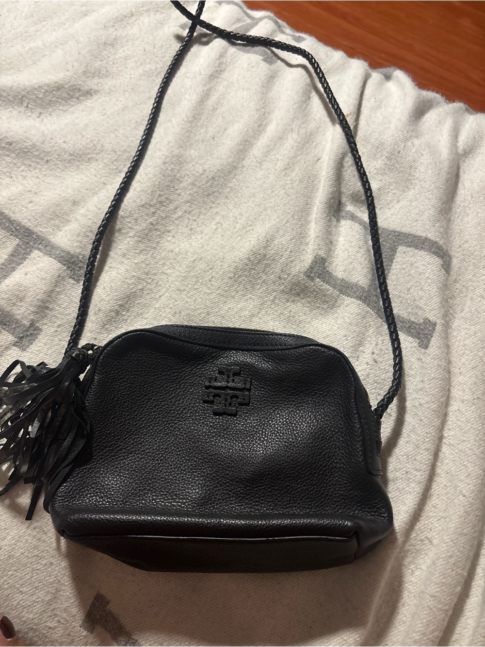 Tory butchered Black Leather Crossbody Bag with Braided Strap and Tassel